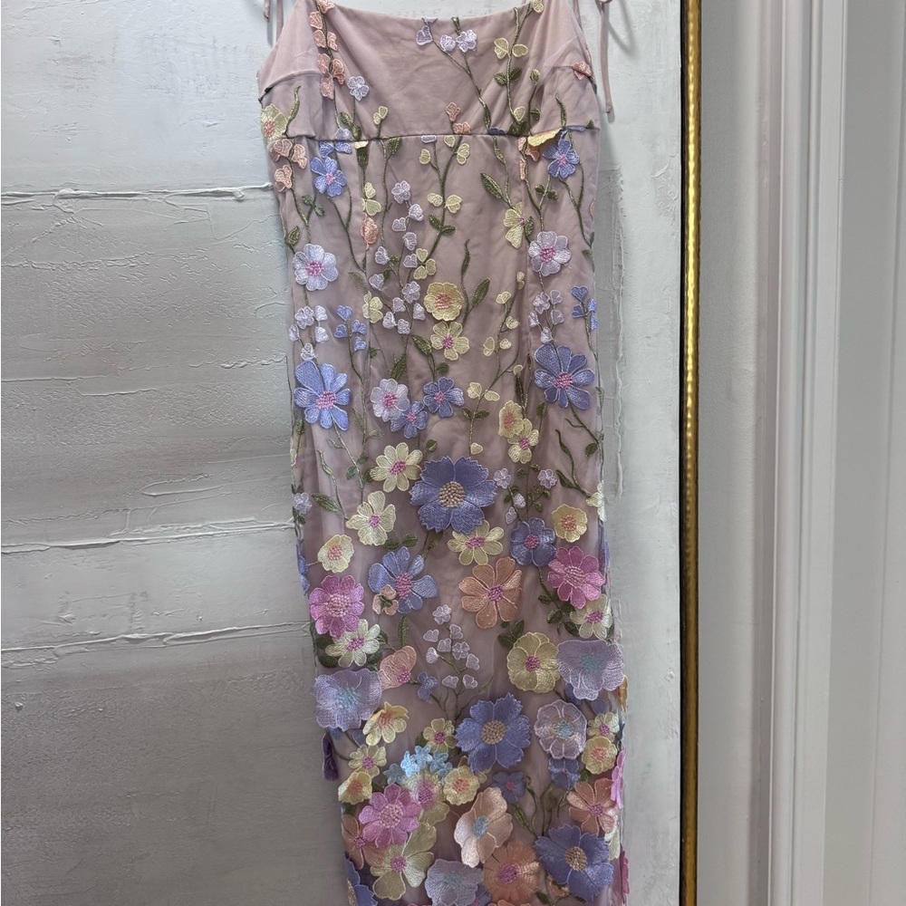 Showpo Floral Embroidered Mesh Midi Dress Blush Garden Party Wedding Guest Dres